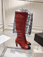 CHANEL 26S HIGH HEEL KNEE HIGH BOOTS 80 MM IN BURGUNDY CALFSKIN AND BLACK PATENT LEATHER
