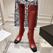 CHANEL 26S HIGH HEEL KNEE HIGH BOOTS 80 MM IN BURGUNDY CALFSKIN AND BLACK PATENT LEATHER
