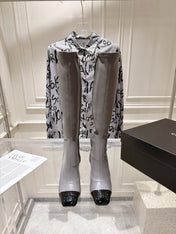 CHANEL 26S HIGH HEEL KNEE HIGH BOOTS 80 MM IN GRAY CALFSKIN AND BLACK PATENT LEATHER