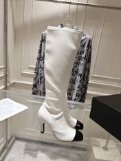 CHANEL 26S HIGH HEEL KNEE HIGH BOOTS 80 MM IN OFF WHITE CALFSKIN AND BLACK PATENT LEATHER