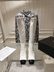 CHANEL 26S HIGH HEEL KNEE HIGH BOOTS 80 MM IN OFF WHITE CALFSKIN AND BLACK PATENT LEATHER