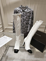 CHANEL 26S HIGH HEEL KNEE HIGH BOOTS 80 MM IN OFF WHITE CALFSKIN AND BLACK PATENT LEATHER