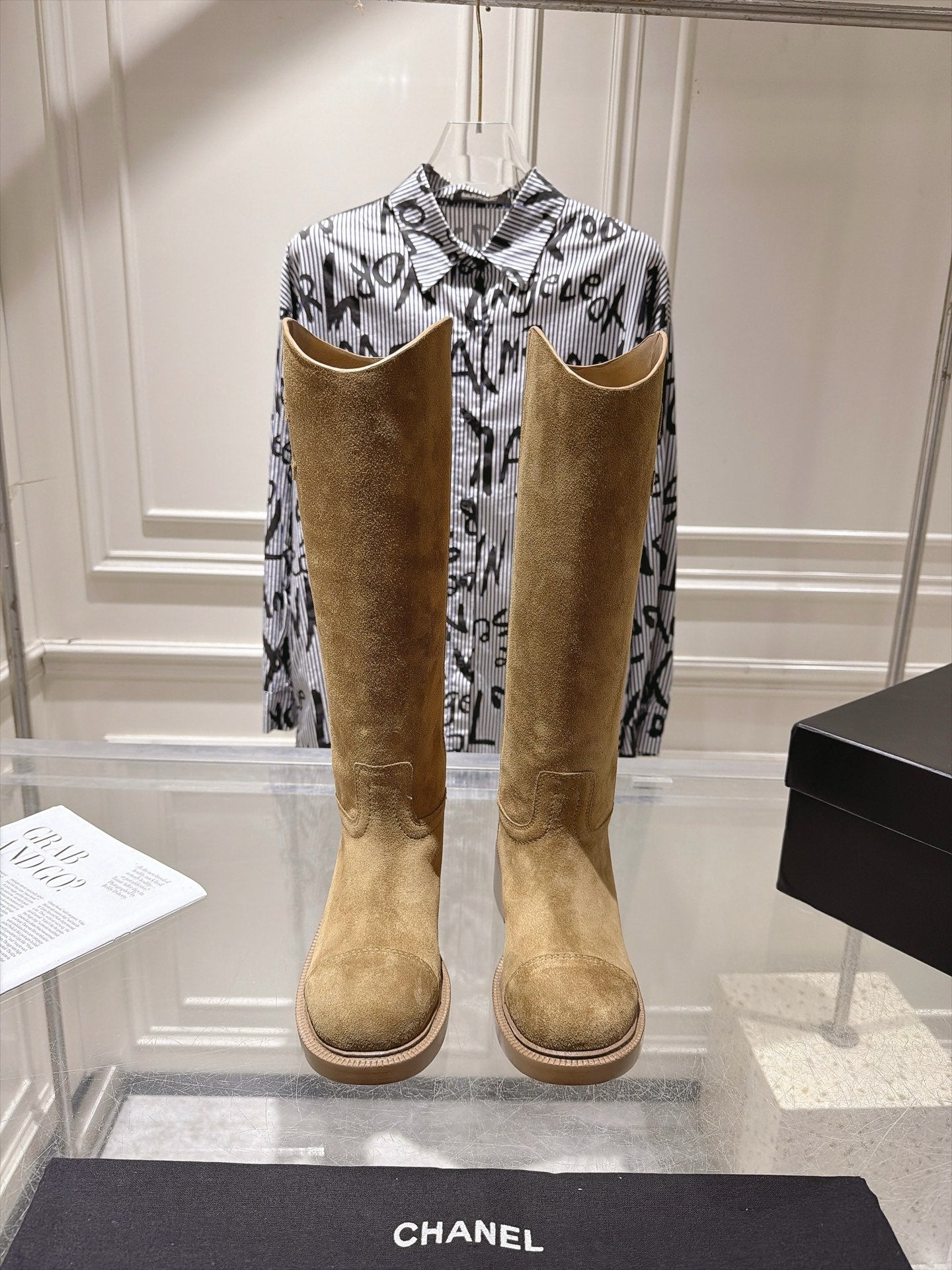 CHANEL 26S KNEE HIGH BOOTS 30 MM IN BEIGE SUEDE