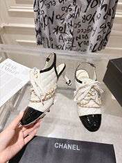 CHANEL 26S SLINGBACK HIGH HEEL SHOES 70 MM IN CREAM WHITE LAMBSKIN AND BLACK PATENT CALFSKIN