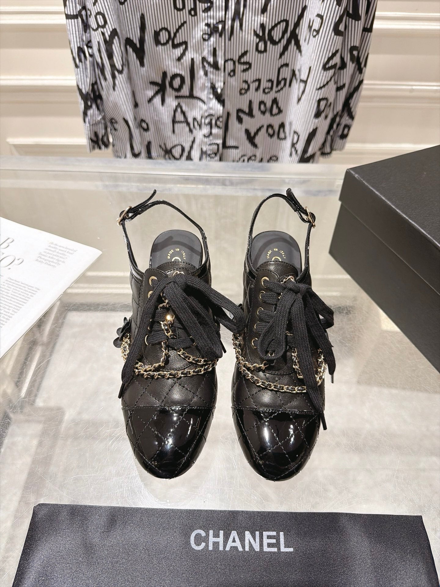CHANEL 26S SLINGBACK HIGH HEEL SHOES 70 MM IN BLACK LAMBSKIN AND PATENT CALFSKIN