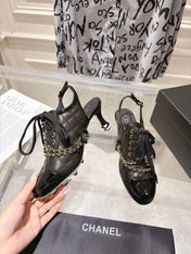 CHANEL 26S SLINGBACK HIGH HEEL SHOES 70 MM IN BLACK LAMBSKIN AND PATENT CALFSKIN