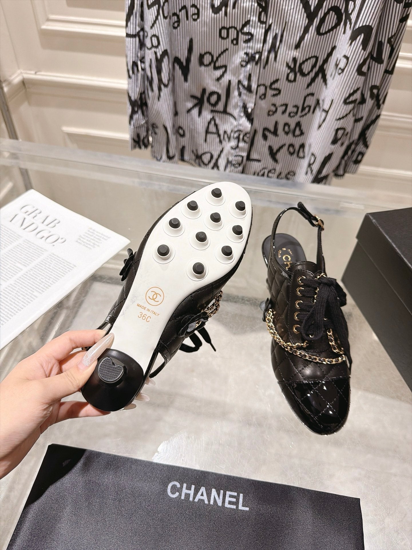 CHANEL 26S SLINGBACK HIGH HEEL SHOES 70 MM IN BLACK LAMBSKIN AND PATENT CALFSKIN