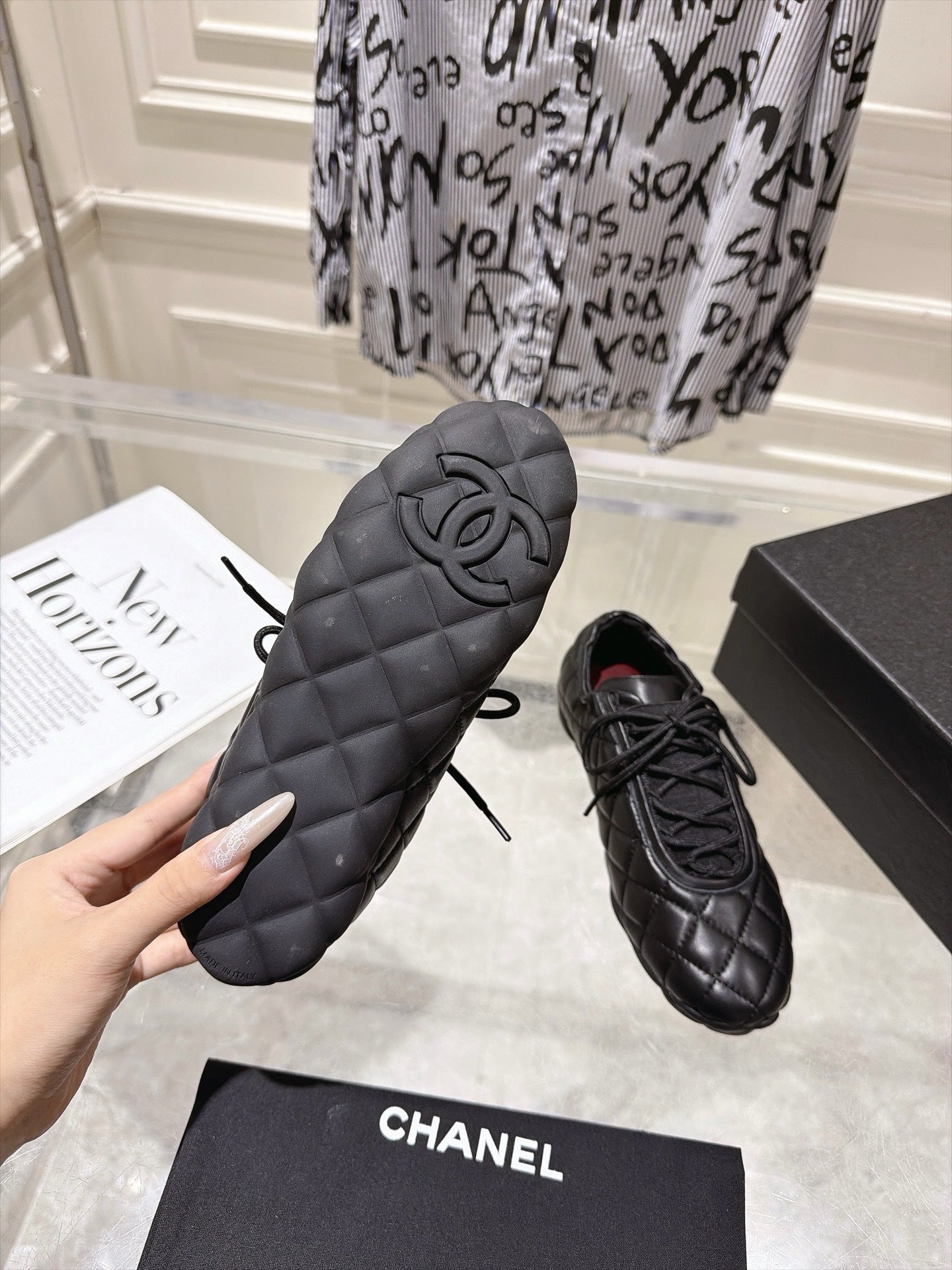 CHANEL 26S LACE UP SNEAKERS IN BLACK LAMBSKIN DIAMOND QUILTING