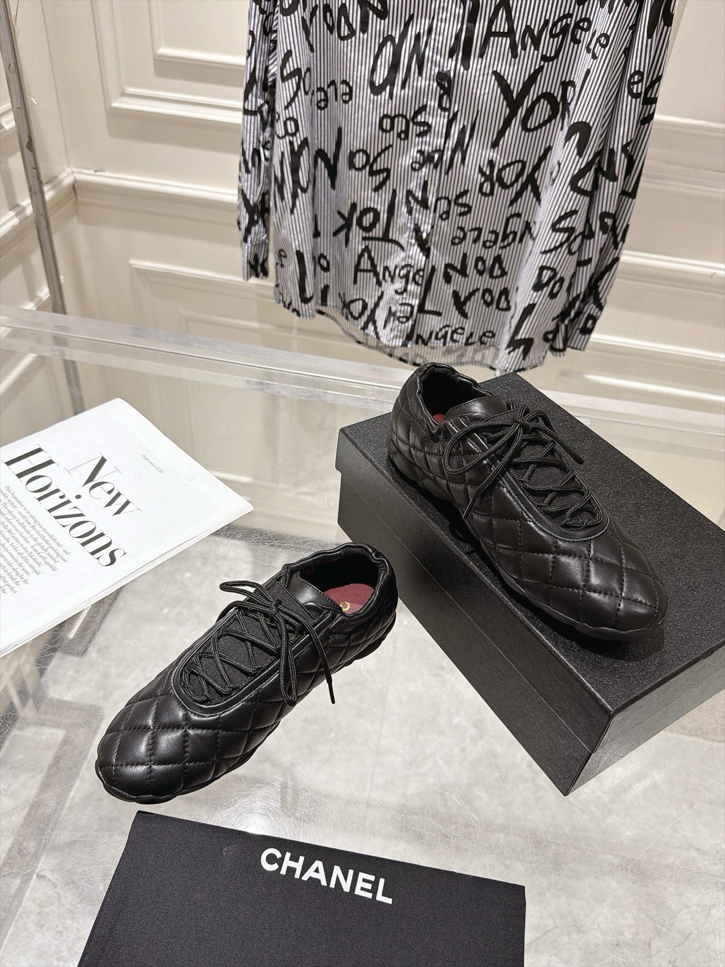 CHANEL 26S LACE UP SNEAKERS IN BLACK LAMBSKIN DIAMOND QUILTING