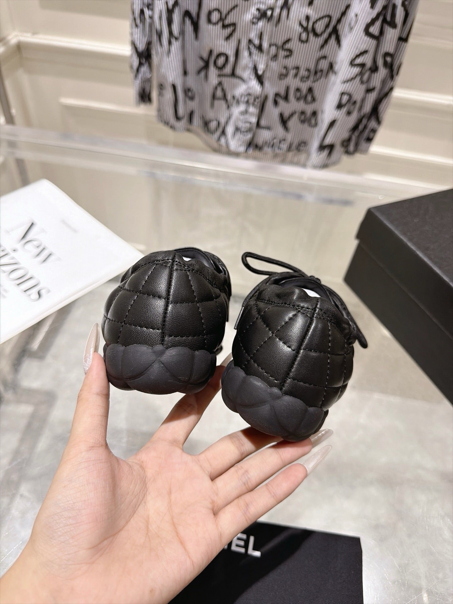 CHANEL 26S LACE UP SNEAKERS IN BLACK LAMBSKIN DIAMOND QUILTING