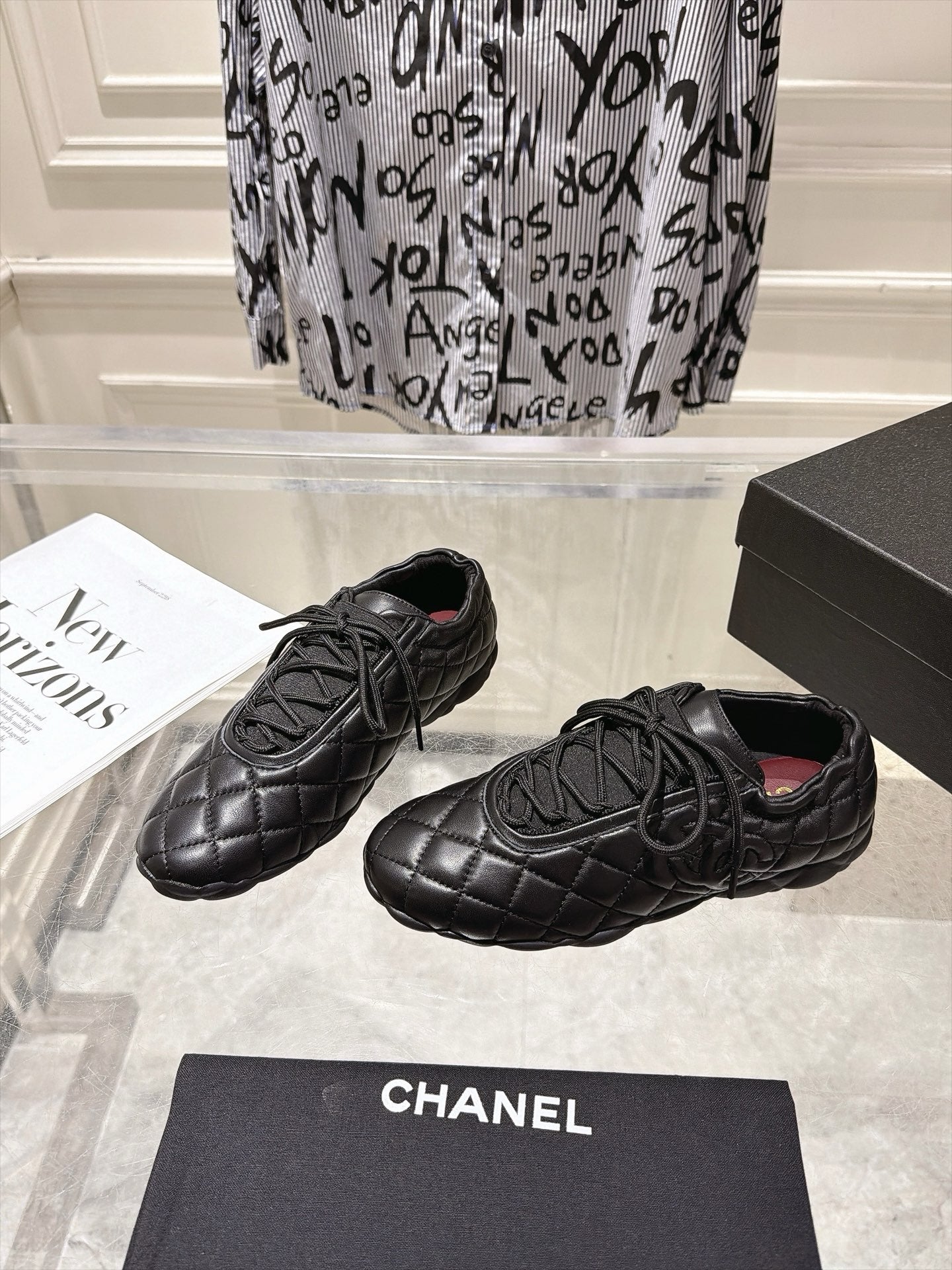 CHANEL 26S LACE UP SNEAKERS IN BLACK LAMBSKIN DIAMOND QUILTING