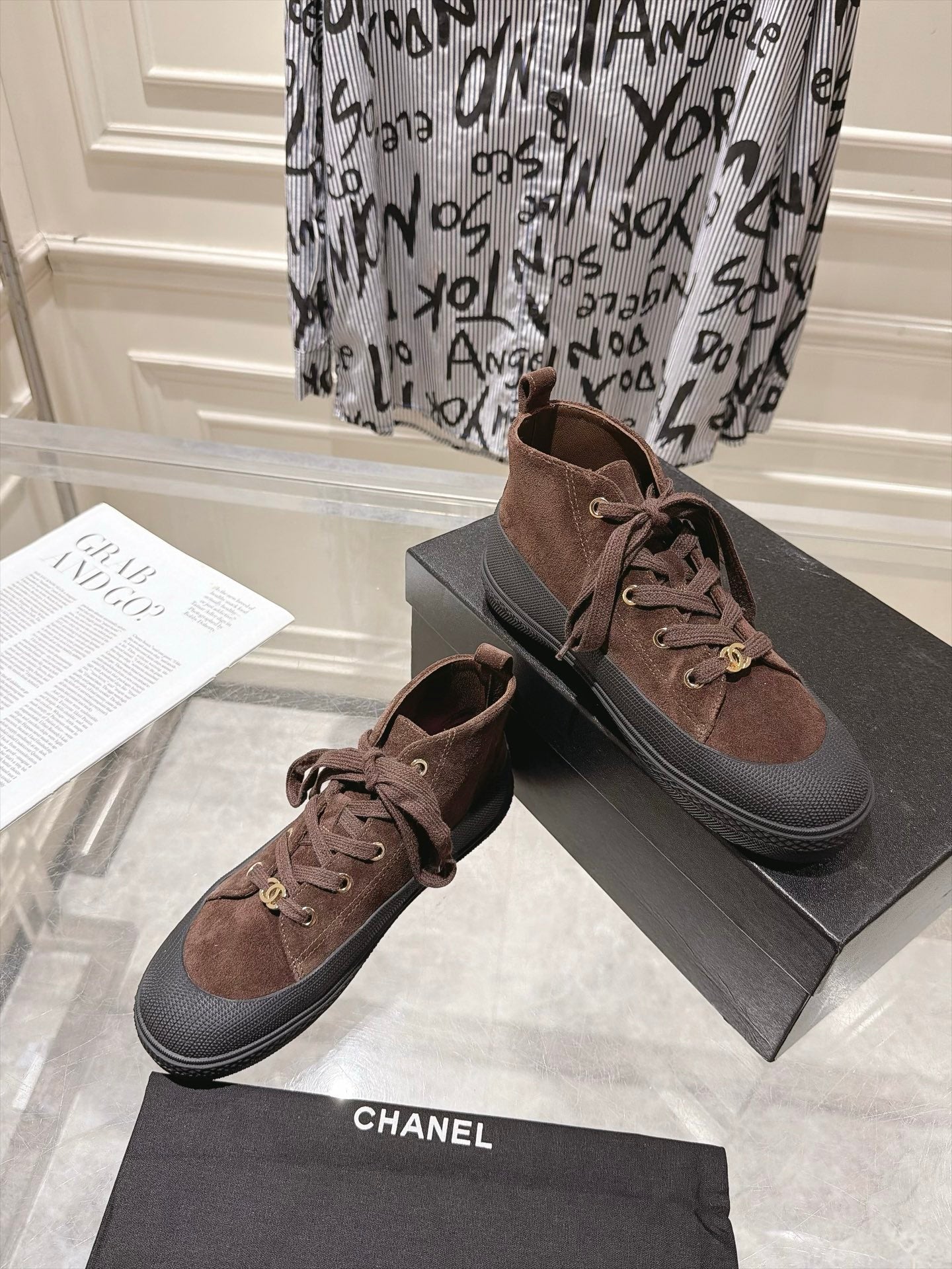 CHANEL 26S LACE UP HIGH TOP SNEAKERS IN BROWN SUEDE
