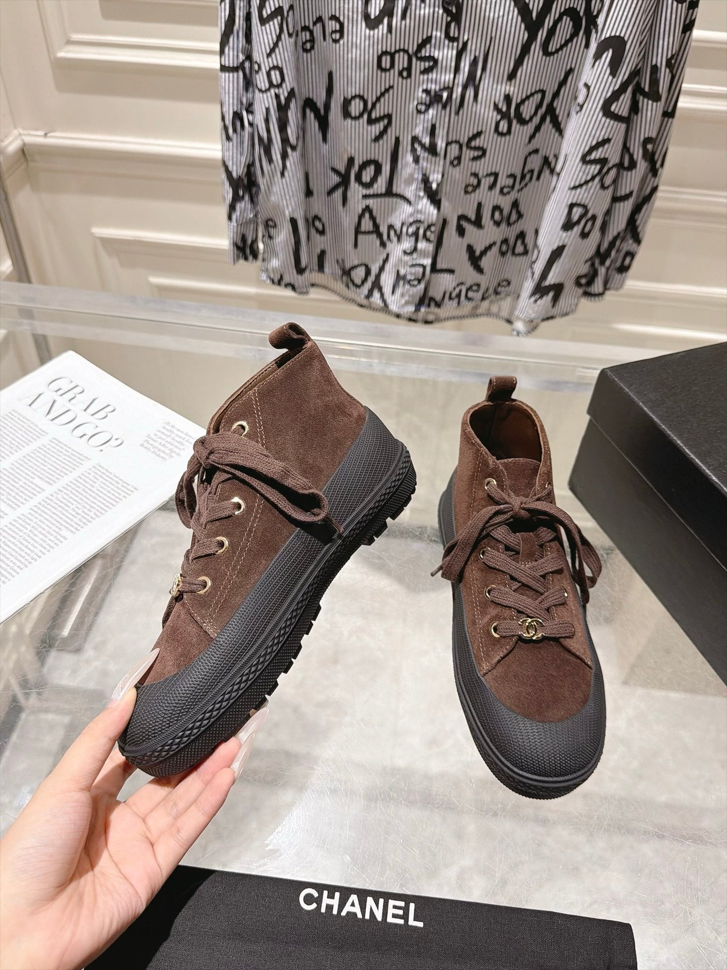 CHANEL 26S LACE UP HIGH TOP SNEAKERS IN BROWN SUEDE