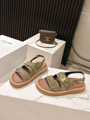 CELINE 25S TIPPI TRIOMPHE SANDAL IN DARK OLIVE CALFSKIN SUEDE