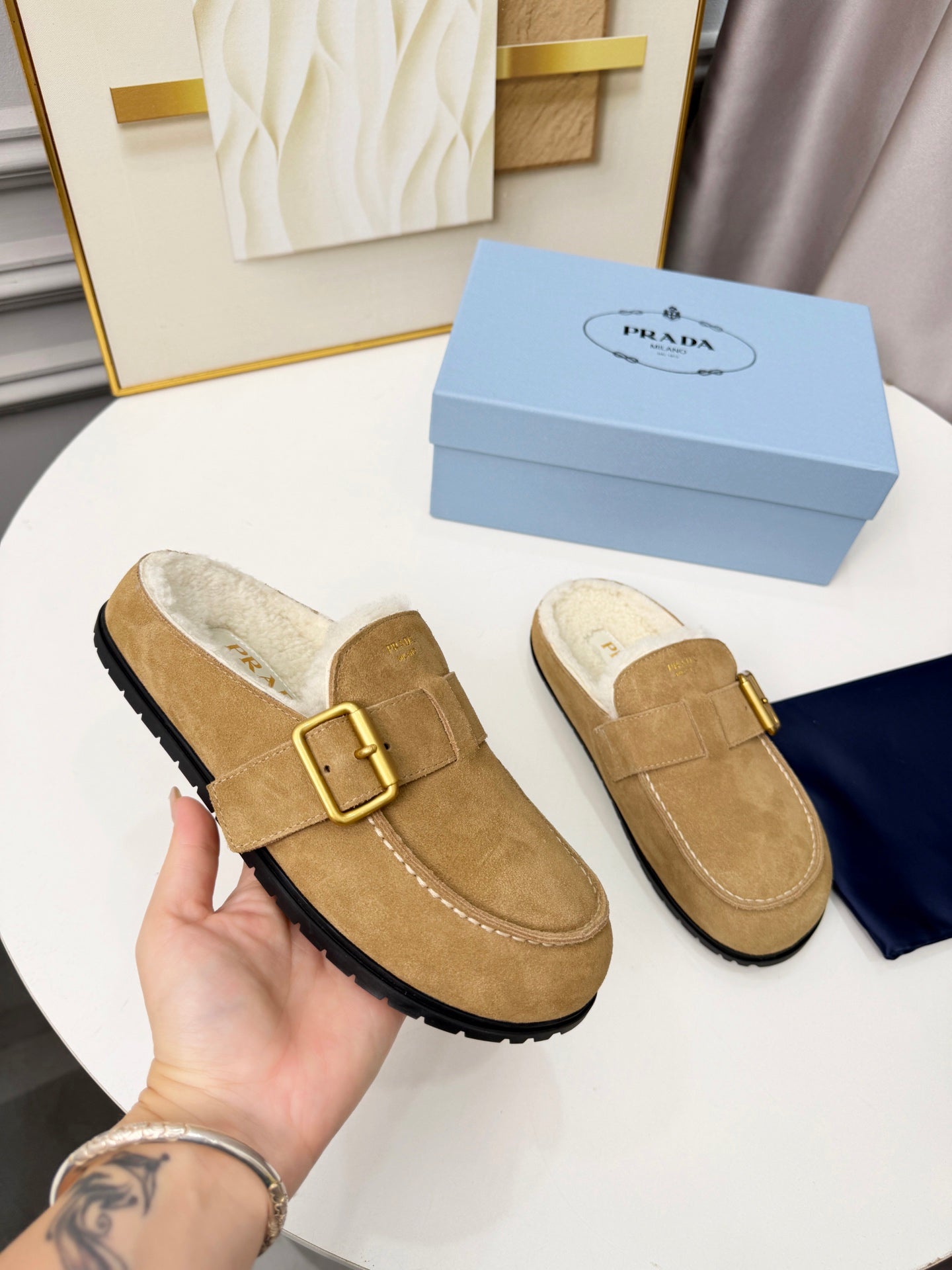 PRADA 26S SHEARLING-LINED MULES IN WARM BEIGE SUEDE