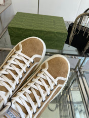 GG HIGH TOP SNEAKER IN CAMEL BROWN CANVAS WITH BEIGE FLEECE LINING
