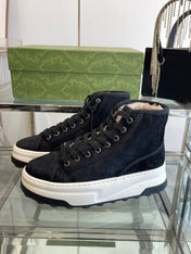 GG HIGH TOP SNEAKER IN BLACK CANVAS WITH BEIGE FLEECE LINING