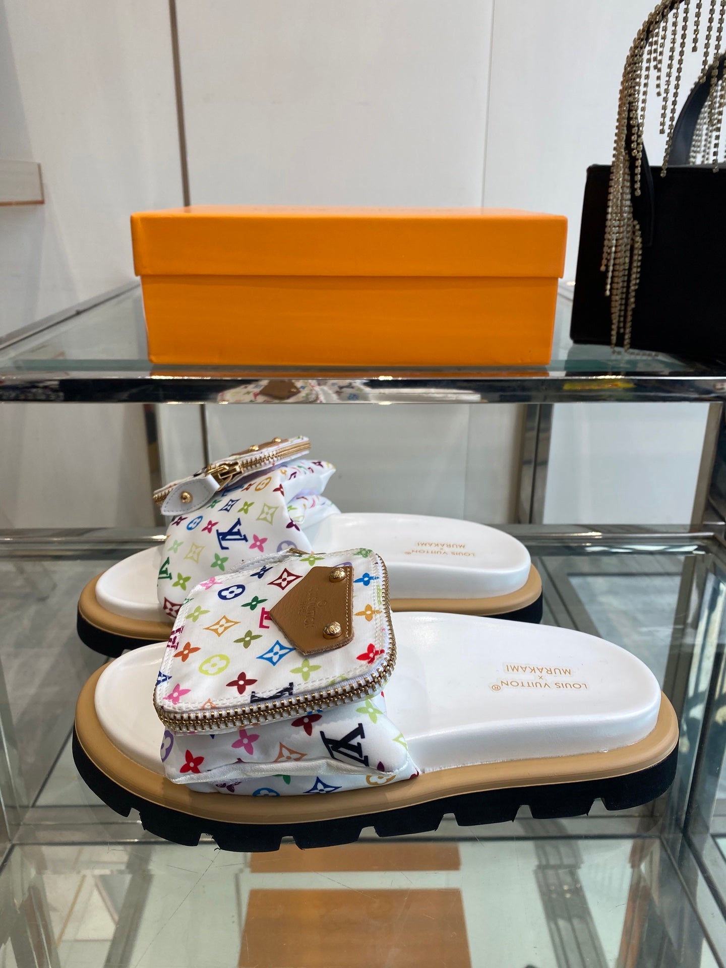 LV x TAKASHI MURAKAMI SLIDES IN MULTICOLOR FABRIC WITH ZIP POCKET STRAP