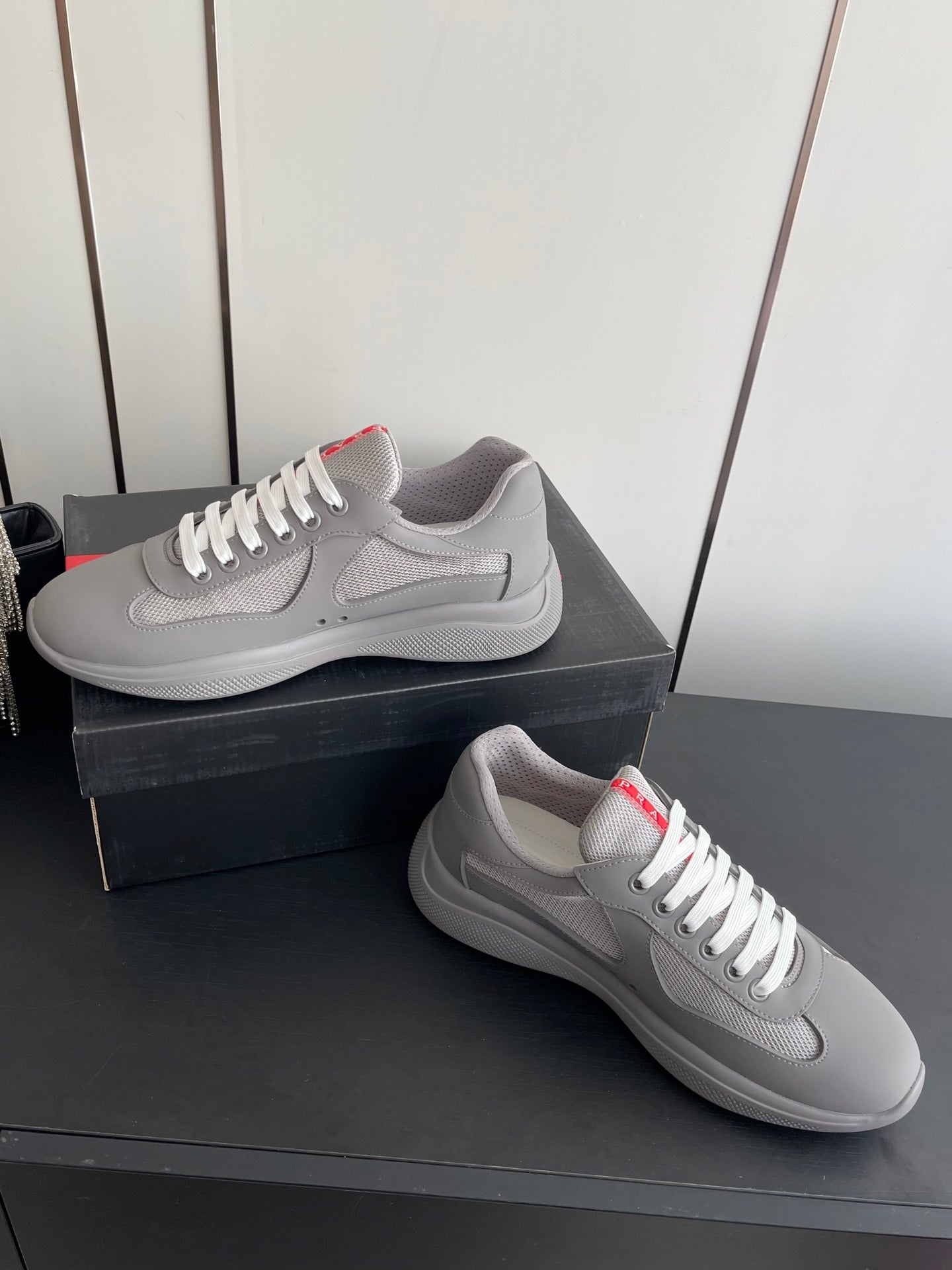 PRADA 26S AMERICA CUP SNEAKERS IN COOL GRAY SOFT RUBBER AND BIKE FABRIC