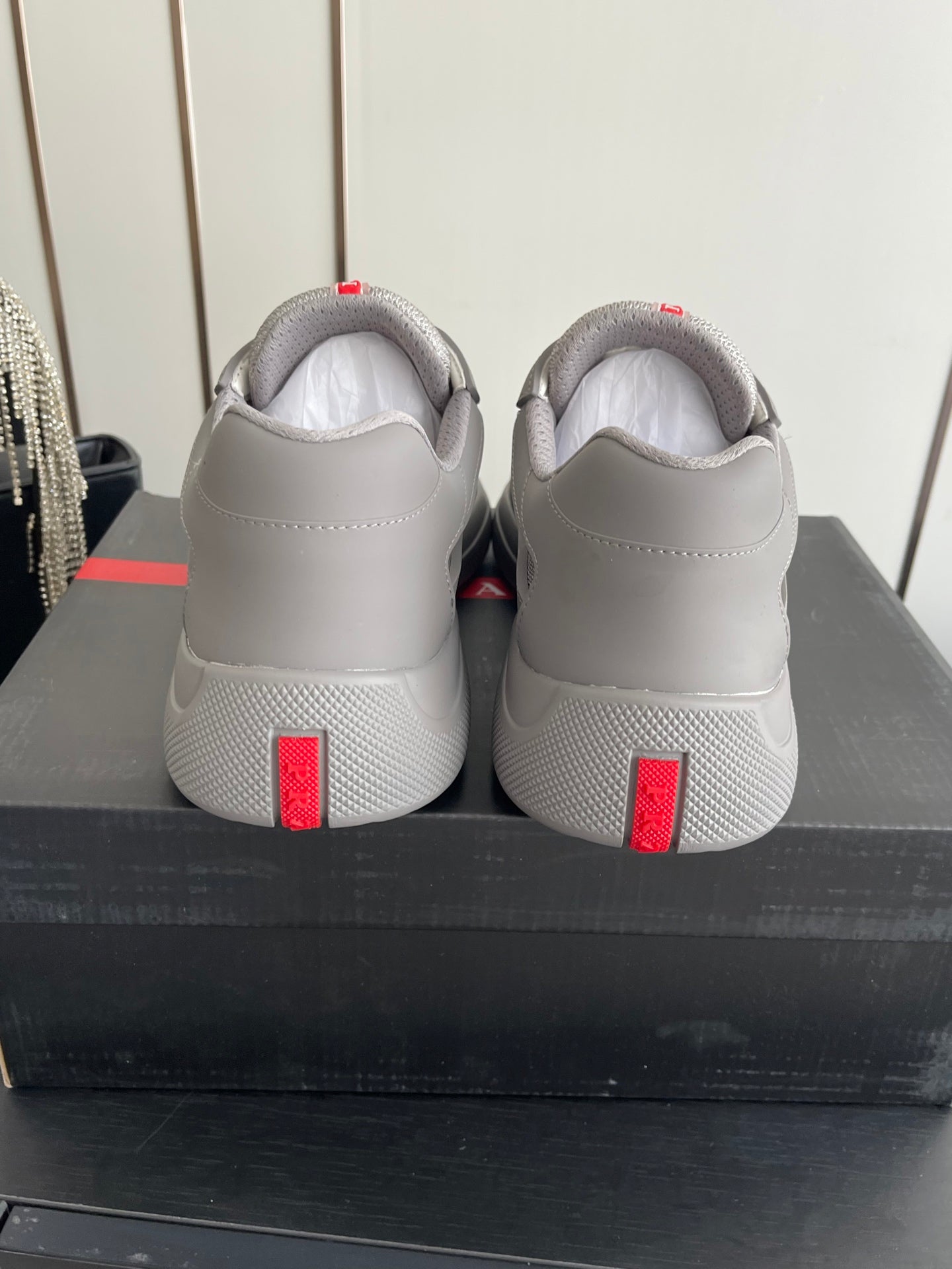 PRADA 26S AMERICA CUP SNEAKERS IN COOL GRAY SOFT RUBBER AND BIKE FABRIC