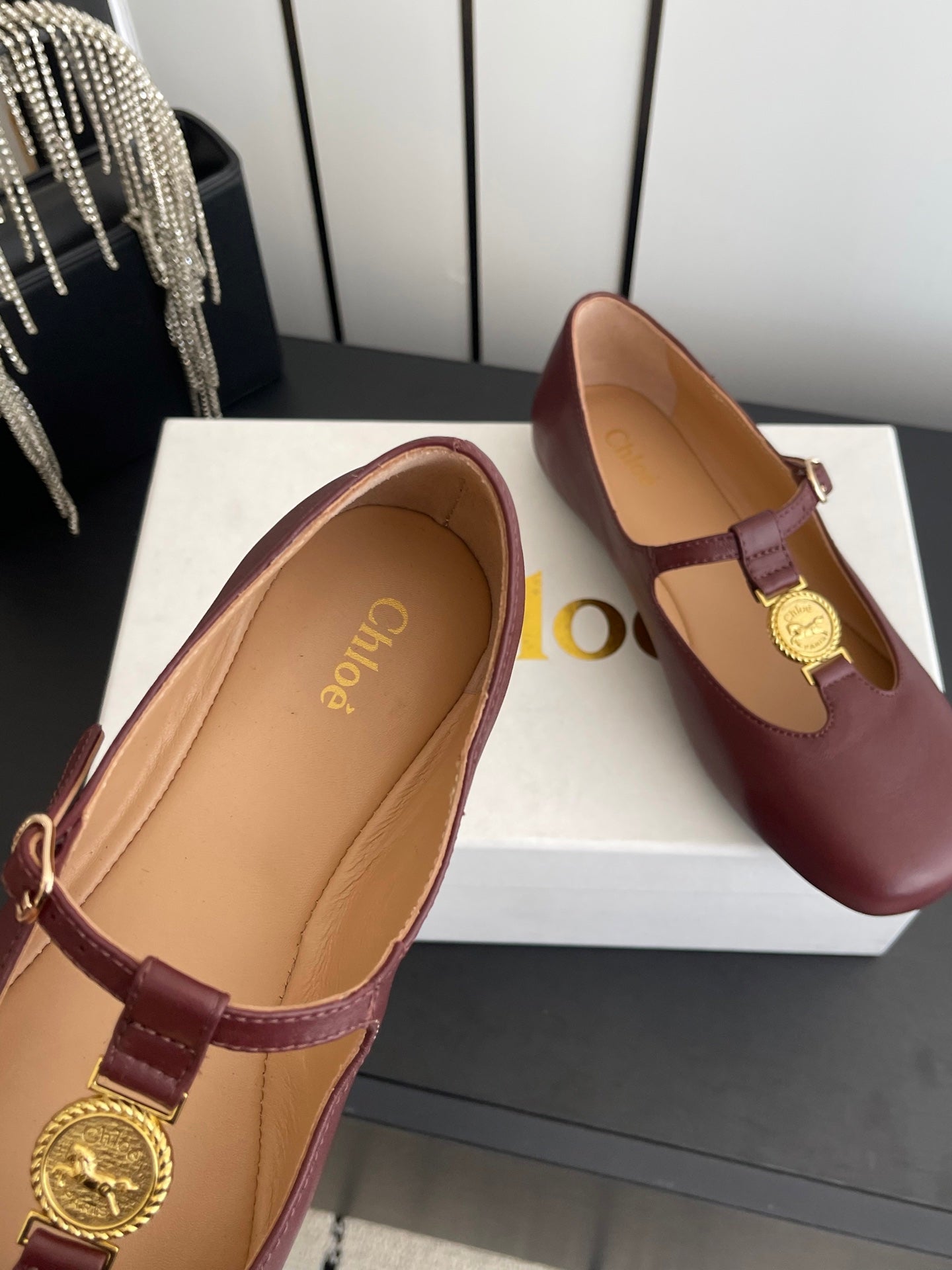 CHLOÉ 26S MARY JANE SHOES IN DARK RED CALFSKIN