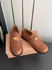 MIUMIU 26S PENNY LOAFERS IN BROWN COGNAC CALFSKIN CROCODILE EMBOSSING