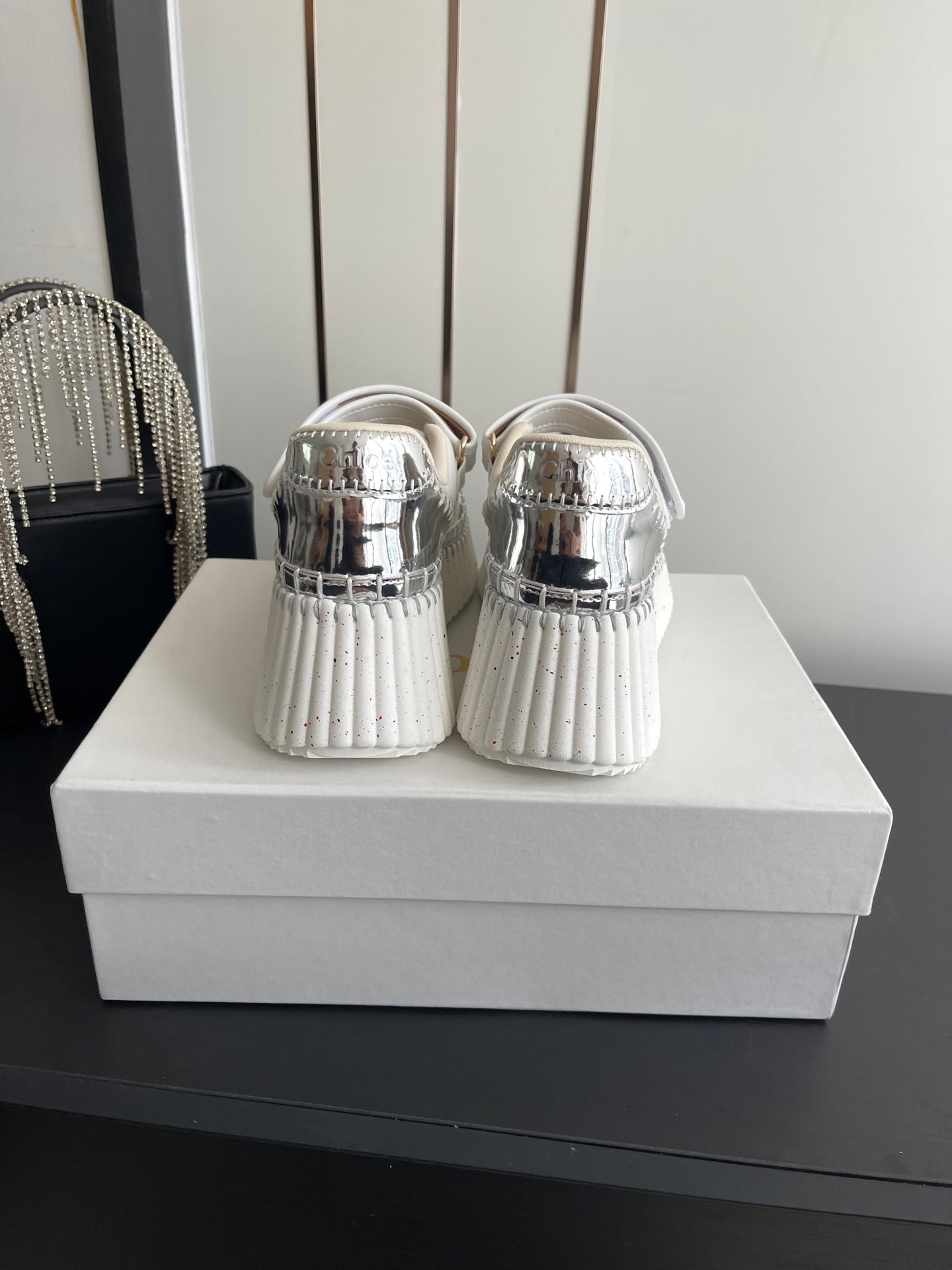 CHLOE 26S MARY JANE SNEAKERS IN WHITE AND SILVER CALFSKIN