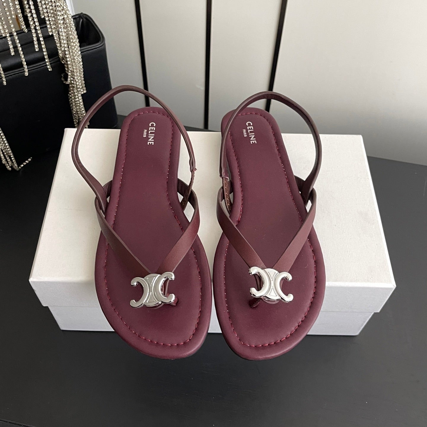 CELINE 26S THONG SANDALS IN DARK RED CALFSKIN