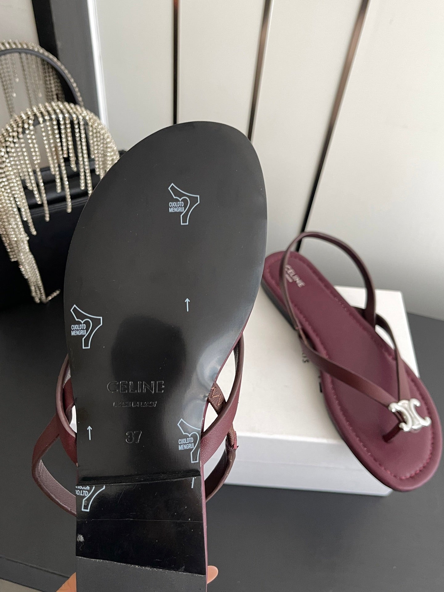 CELINE 26S THONG SANDALS IN DARK RED CALFSKIN