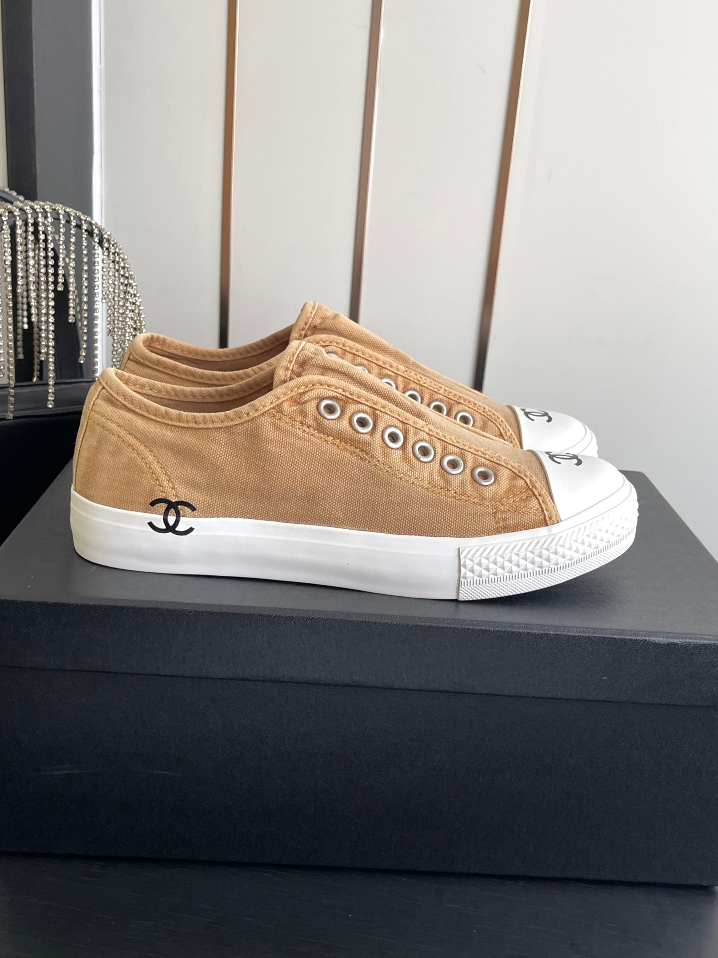 CHANEL 26S LOW TOP IN BEIGE CANVAS