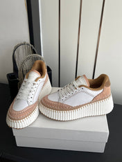 CHLOE 26S LACE-UP SNEAKERS IN WHITE MIX BEIGE CALFSKIN