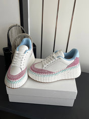 CHLOE 26S LACE-UP SNEAKERS IN WHITE CALFSKIN MIX PINK SUEDE