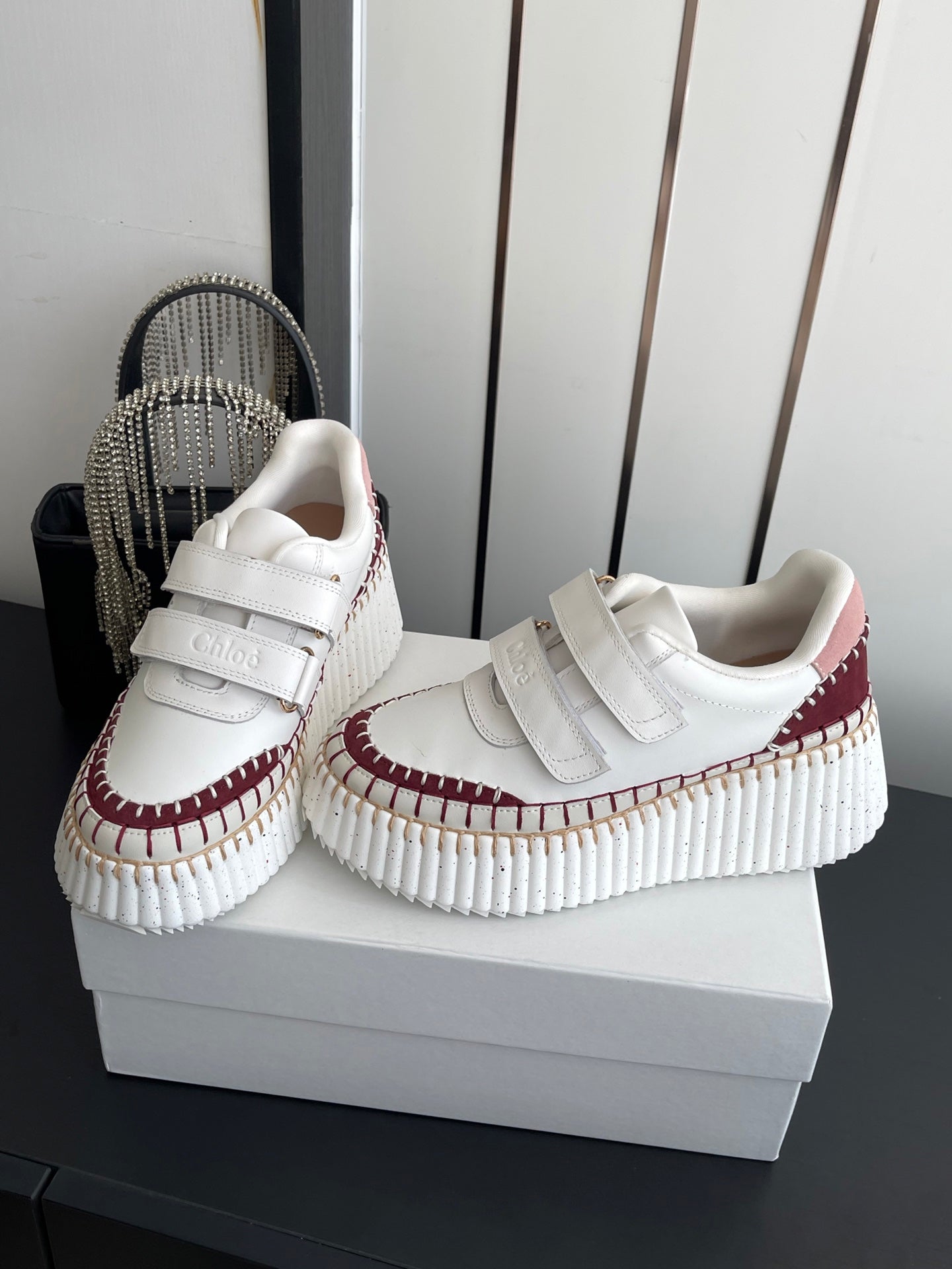 CHLOE 26S PLATFORM SNEAKERS IN WHITE AND DARK RED CALFSKIN