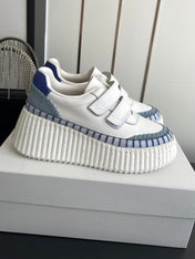 CHLOE 26S PLATFORM SNEAKERS IN WHITE AND LIGHT BLUE CALFSKIN
