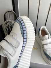 CHLOE 26S PLATFORM SNEAKERS IN WHITE AND LIGHT BLUE CALFSKIN