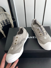 CHANEL 26S LOW TOP SNEAKERS IN GREY FRAYED CANVAS