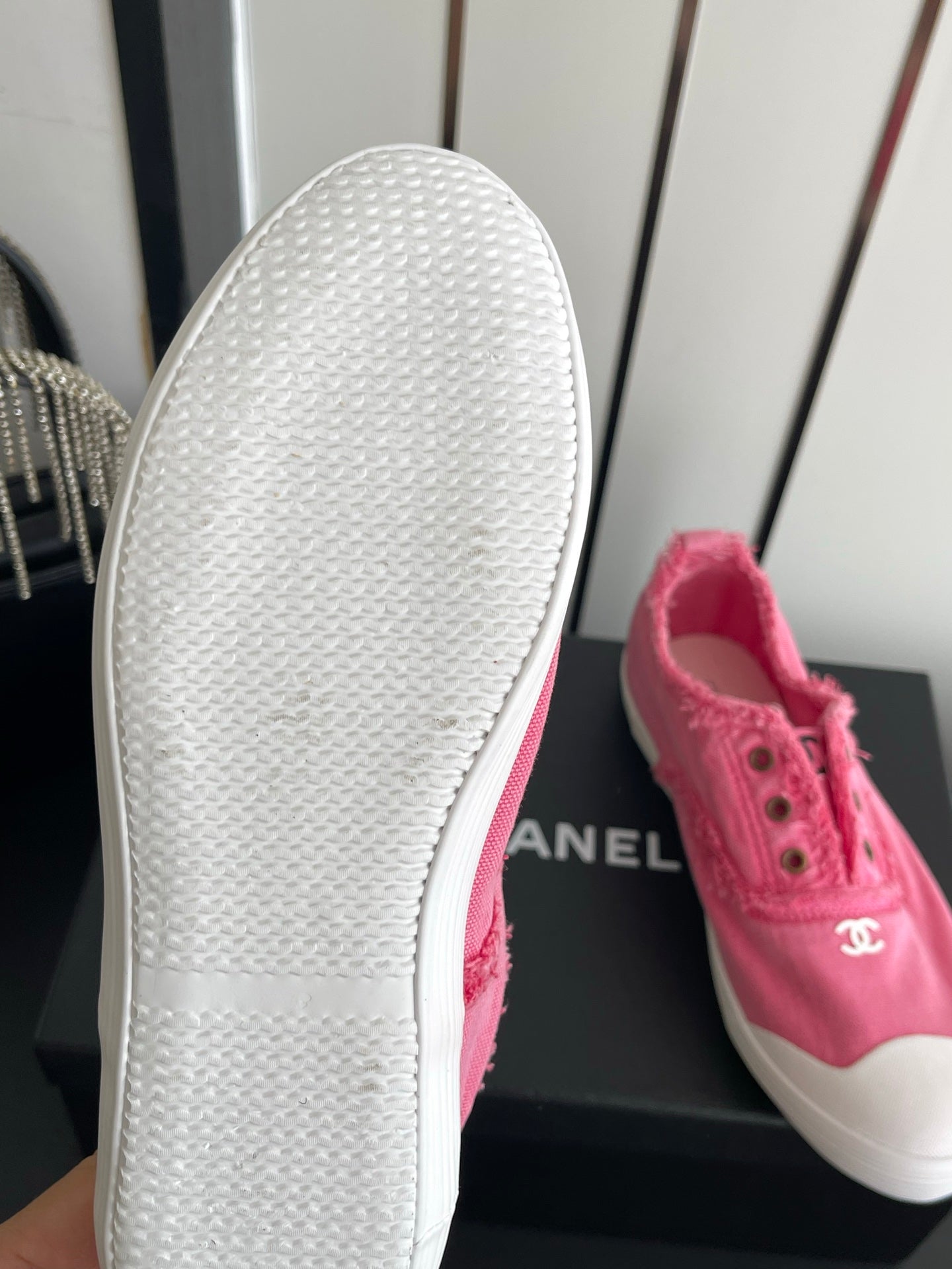 CHANEL 26S LOW TOP SNEAKERS IN LINK PINK FRAYED CANVAS
