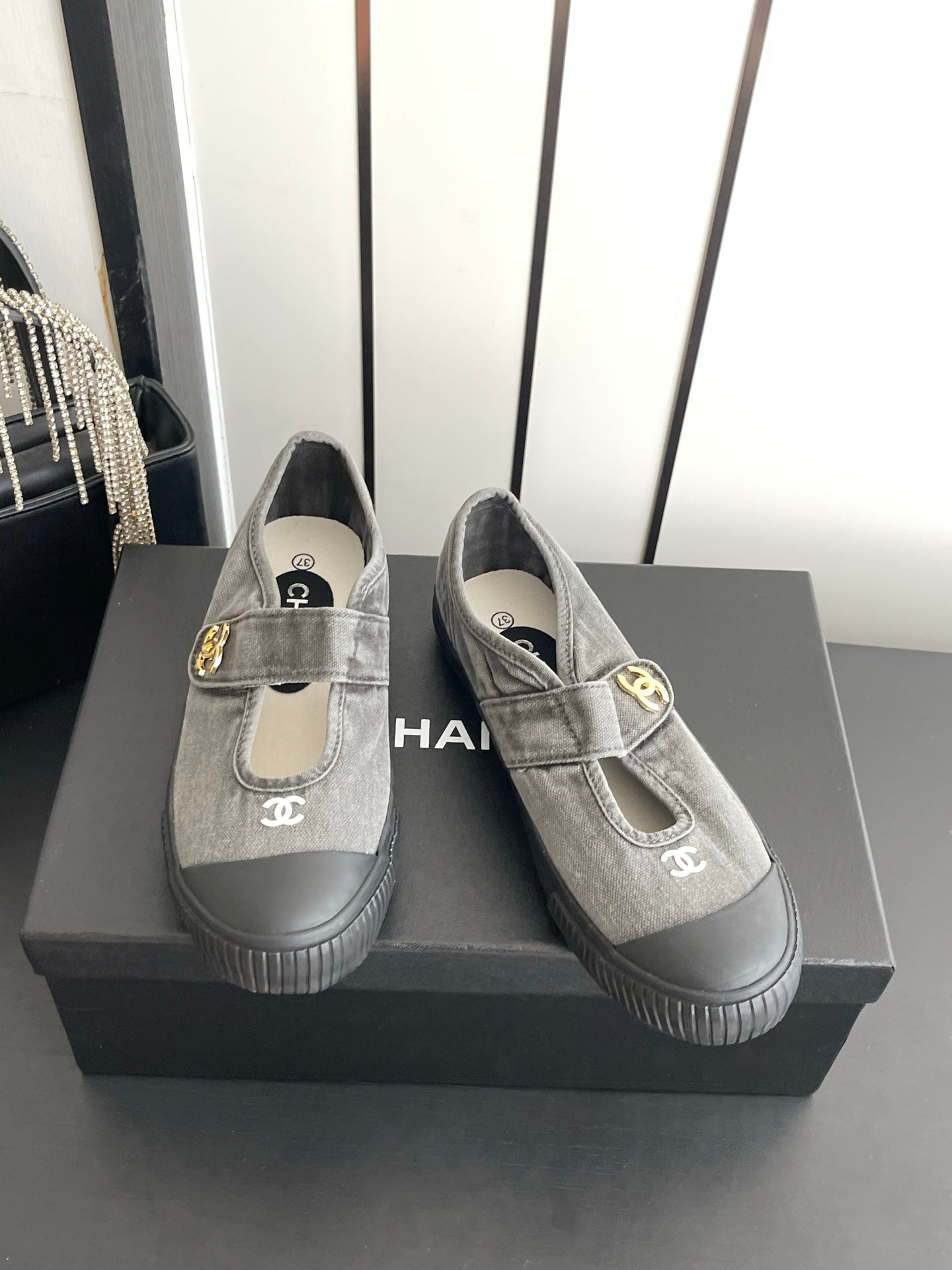 CHANEL 26S MARY JANE SNEAKERS IN GREY CANVAS WITH GOLD-TONE METAL CC LOGO