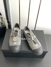 CHANEL 26S MARY JANE SNEAKERS IN GREY CANVAS WITH GOLD-TONE METAL CC LOGO