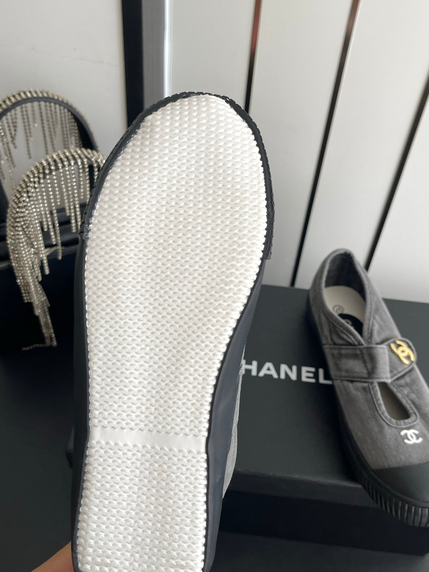CHANEL 26S MARY JANE SNEAKERS IN GREY CANVAS WITH GOLD-TONE METAL CC LOGO