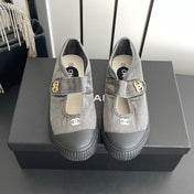 CHANEL 26S MARY JANE SNEAKERS IN GREY CANVAS WITH GOLD-TONE METAL CC LOGO