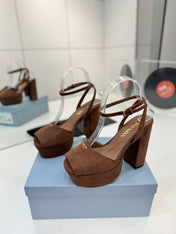 PRADA 26S HEELED SANDALS 115MM IN DARK BROWN SUEDE