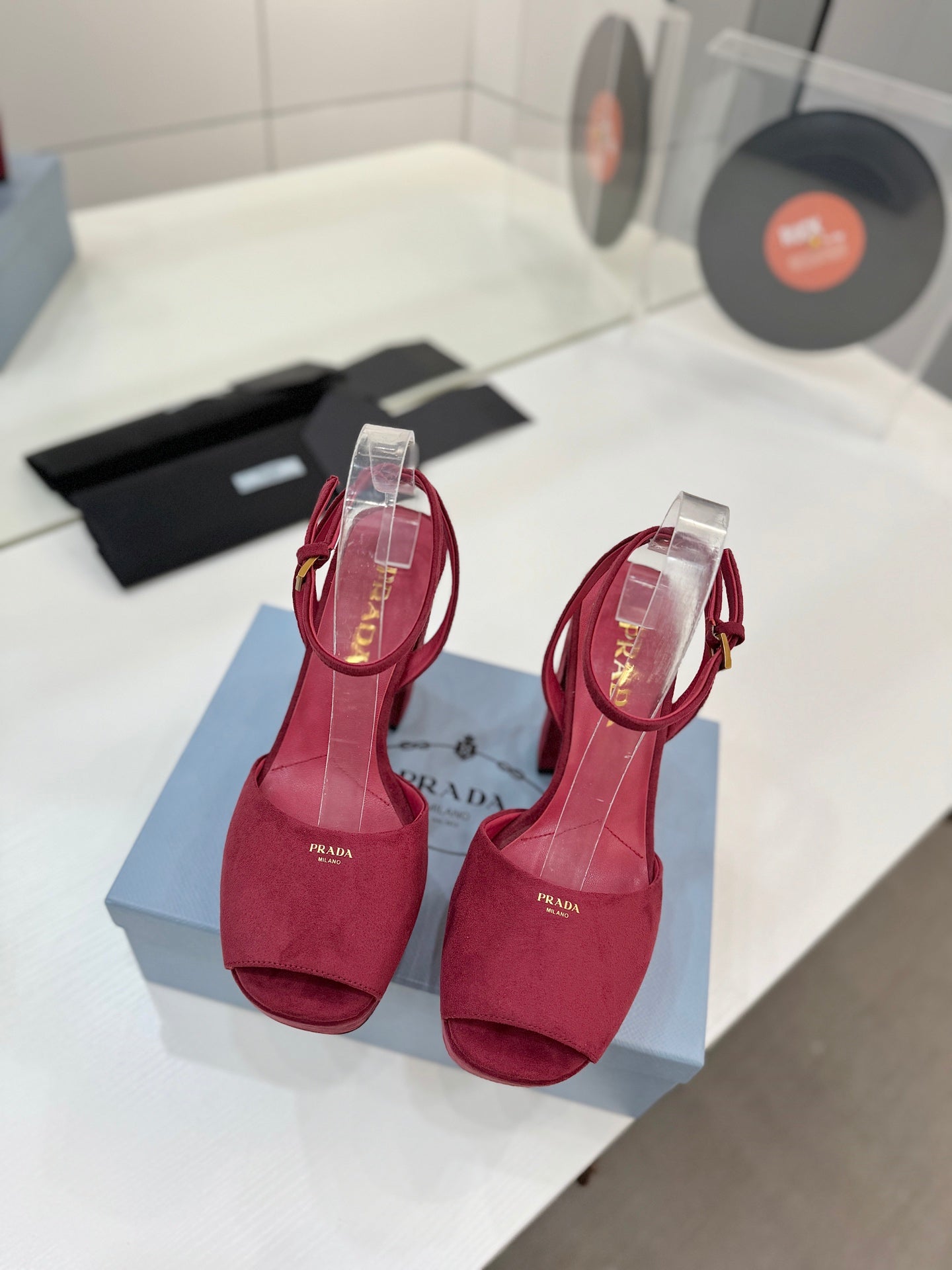 PRADA 26S HEELED SANDALS 115MM IN BURGUNDY RED SUEDE