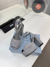 PRADA 26S HEELED SANDALS 115MM IN GRAY SUEDE