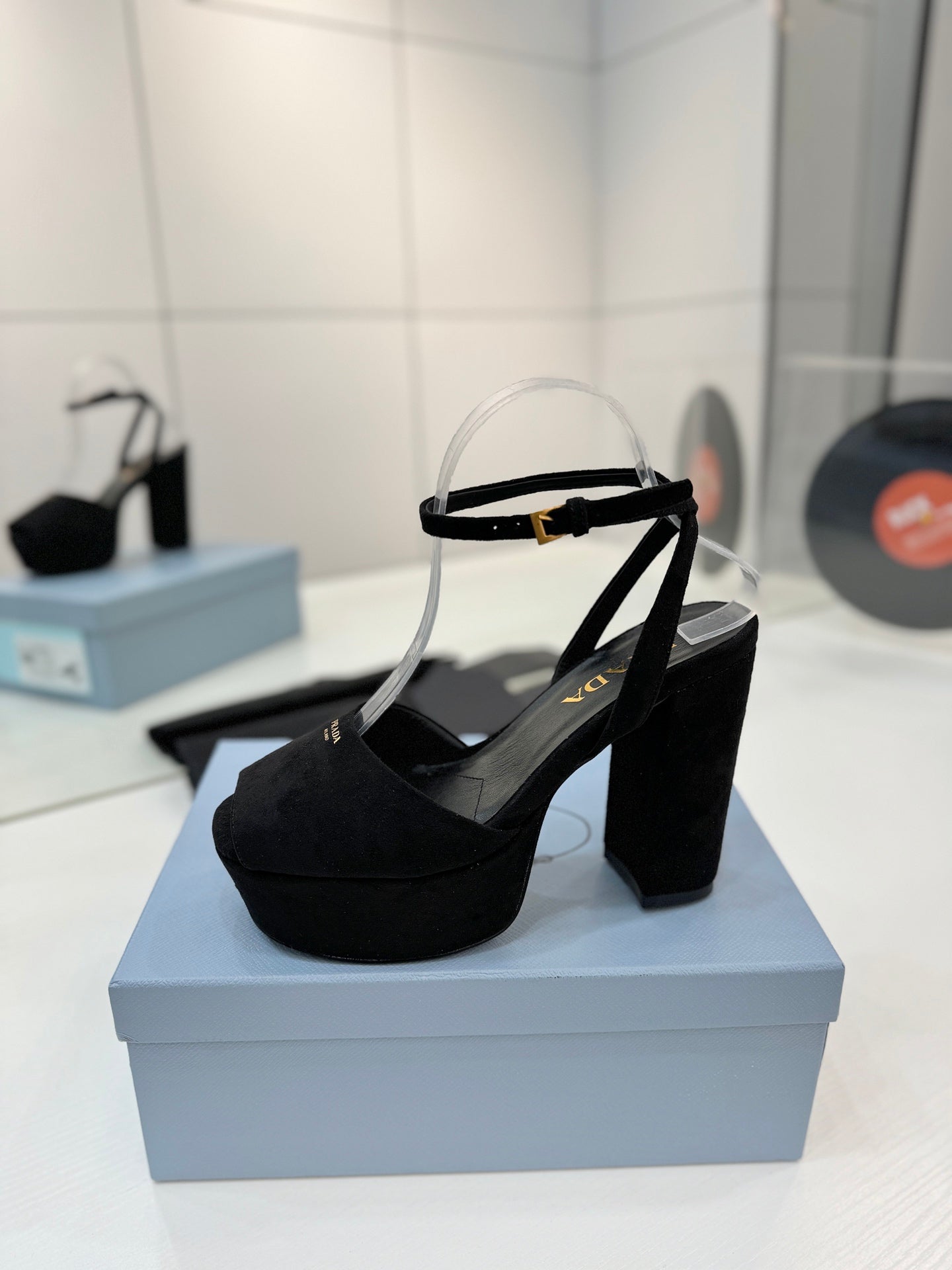 PRADA 26S HEELED SANDALS 115MM IN BLACK SUEDE