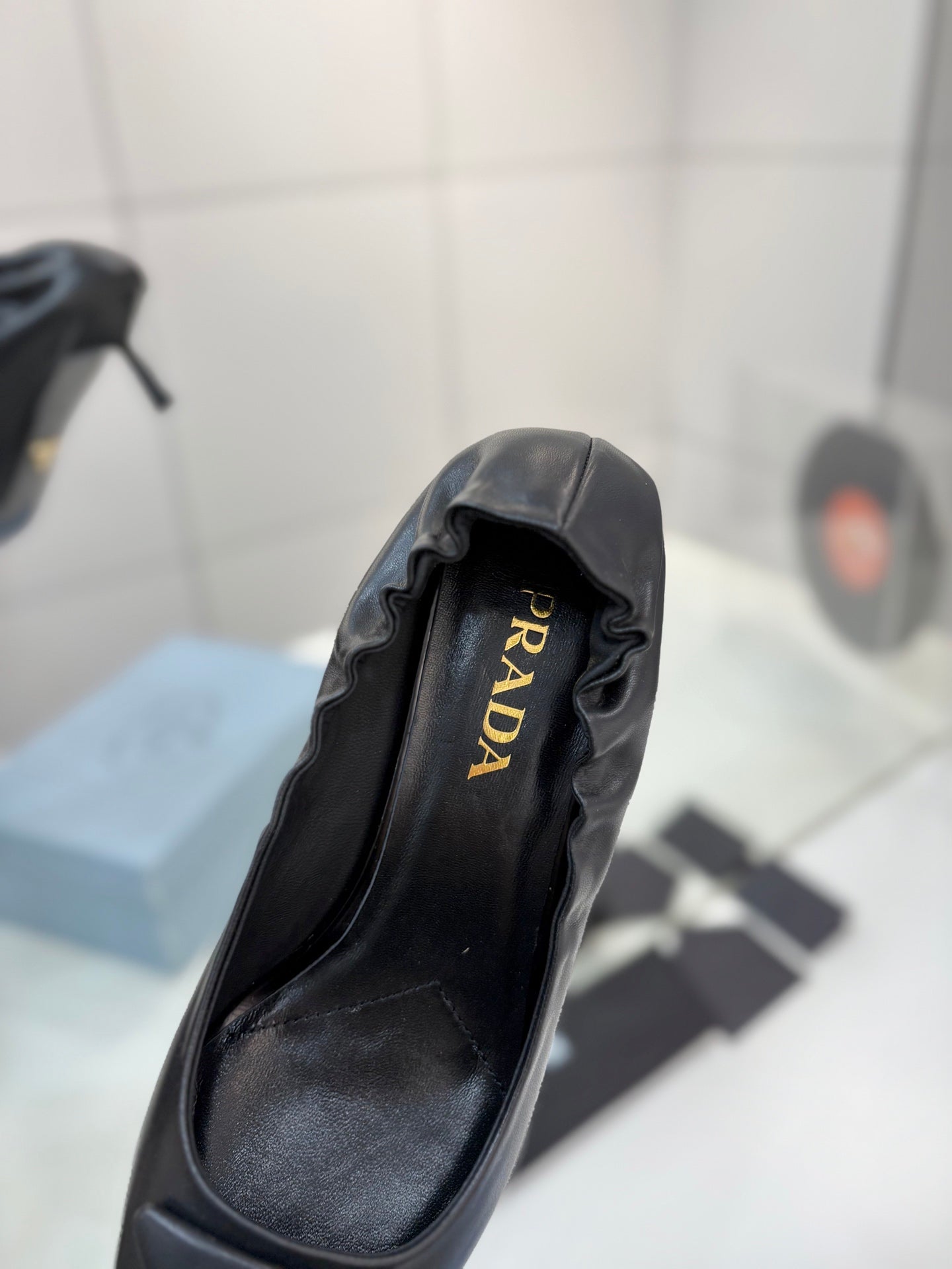 PRADA 26S PUMPS 55MM IN BLACK CALFSKIN WITH LOGO