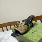 GUCCI 26S HEELED SLIDES 75 MM IN SAND BROWN CANVAS AND BLACK LAMBSKIN