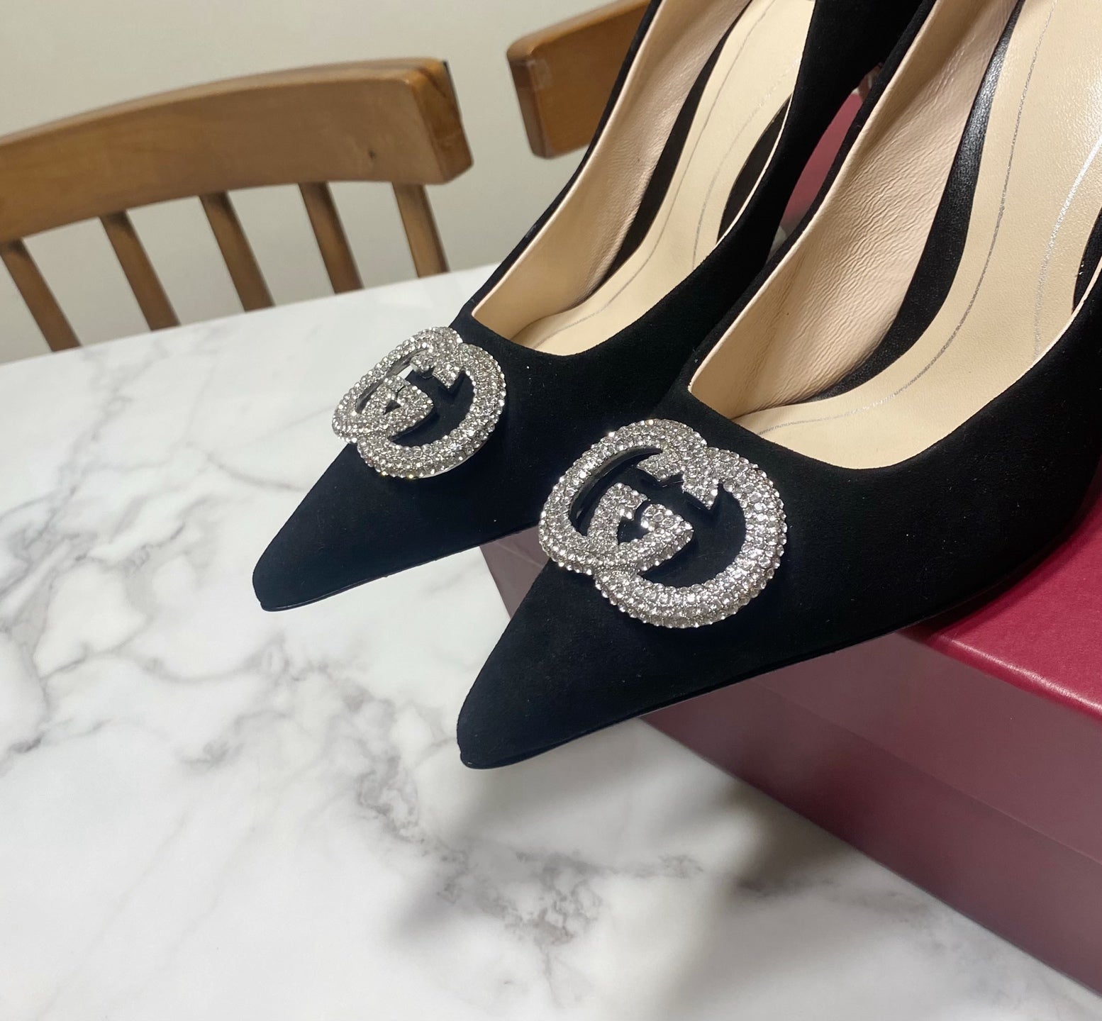 GUCCI 26S HIGH-HEELED SHOES 85 MM IN BLACK SUEDE WITH CRYSTAL