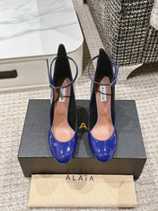 ALAIA ROUND-TOE HIGH HEELS 10 CM IN NAVY BLUE CALFSKIN