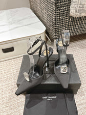 AIMÉE HIGH 75 MM SLINGBACK PUMPS IN BLACK SATIN WITH CRYSTAL